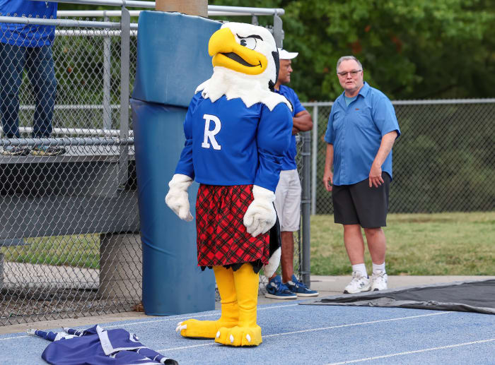 The Rockhurst Hawklet mascot kept fans pumped up during Rockhurst's 21-14 win over Bishop Miege in September.